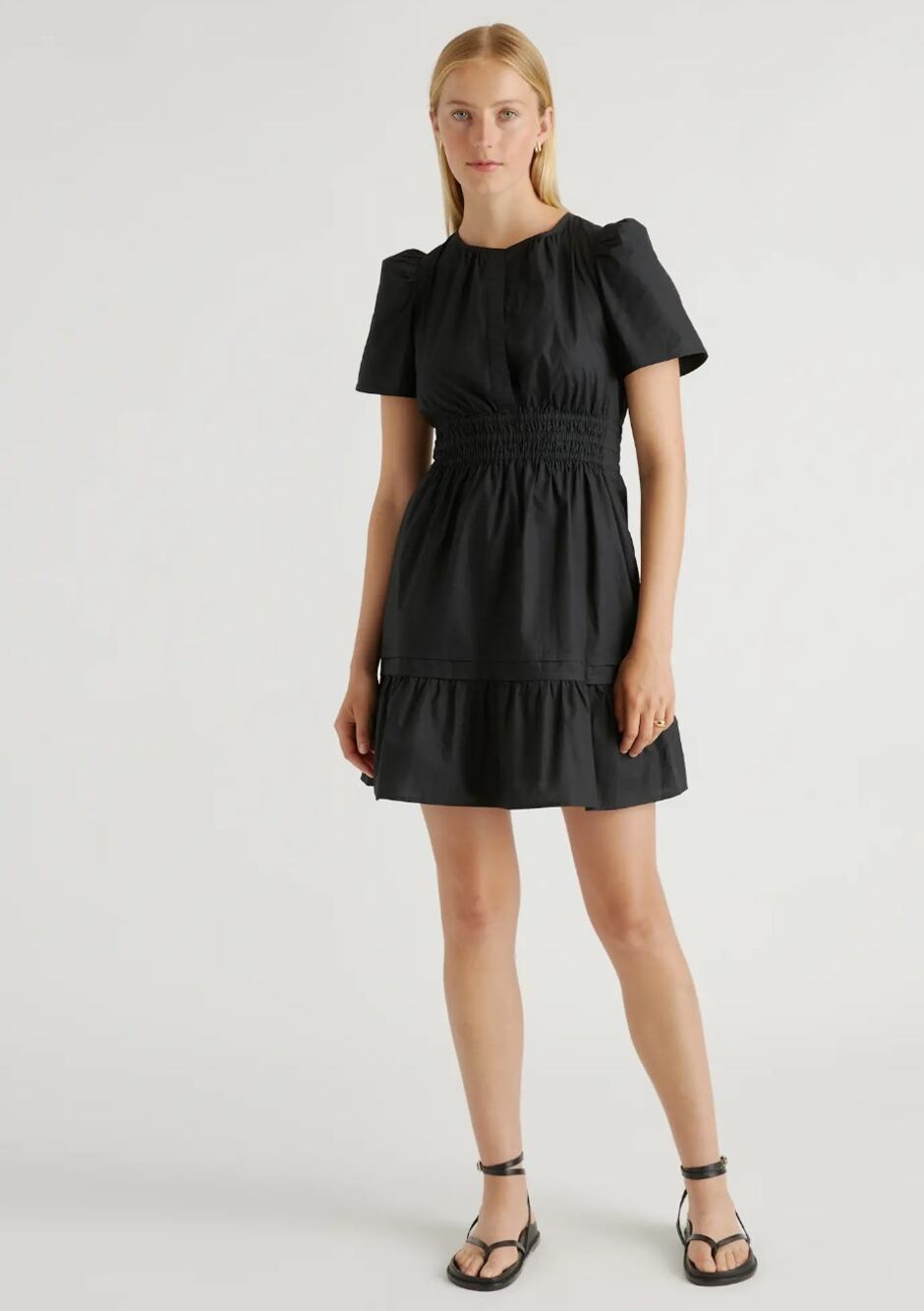 Quince Black Cotton Poplin Mini Dress Size L Puff Sleeves Boho Pockets Romantic